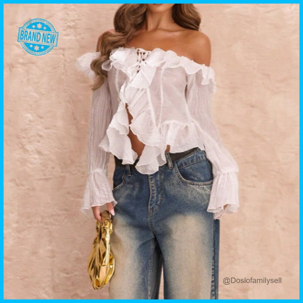 Off Shoulder Ruffle Crop Blouse Y2K Bell Sleeve See Through Chic Top - Picture 7 of 7